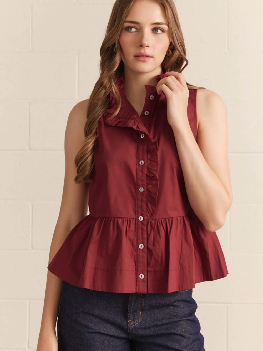 New with tag Umgee Sleeveless Ruffle Peplum Button-Front Top - Burgundy